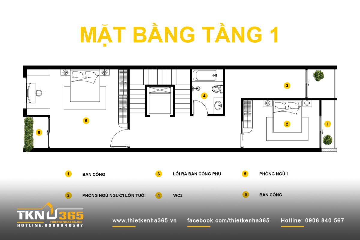 Mặt bằng tầng 1 nh&agrave; phố 5 tầng bố tr&iacute; ph&ograve;ng ngủ người lớn tuổi ph&iacute;a trước, ph&ograve;ng ngủ ph&iacute;a sau y&ecirc;n tĩnh, hai đầu nh&agrave; đều c&oacute; ban c&ocirc;ng đảm bảo th&ocirc;ng tho&aacute;ng