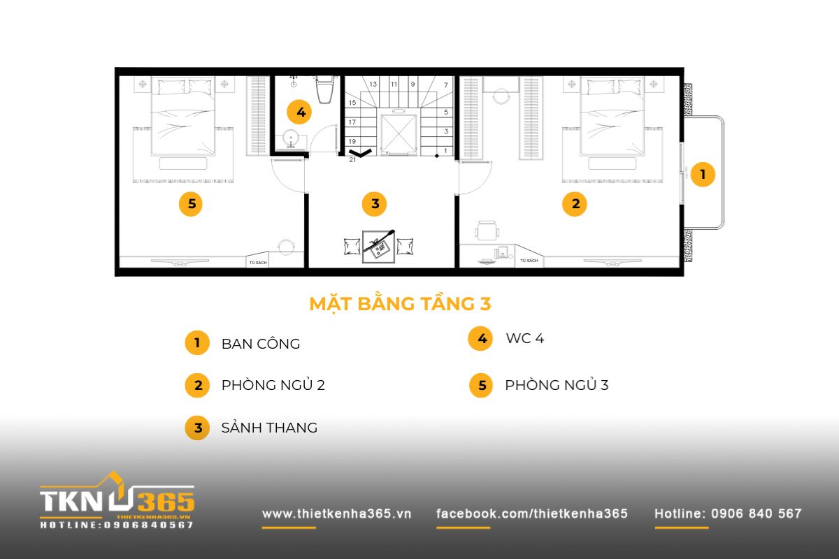 Mặt bằng tầng 3 phân lớp rõ ràng với các phòng ngủ trước - sau, trục kỹ thuật gom gọn phòng vệ sinh theo phương đứng