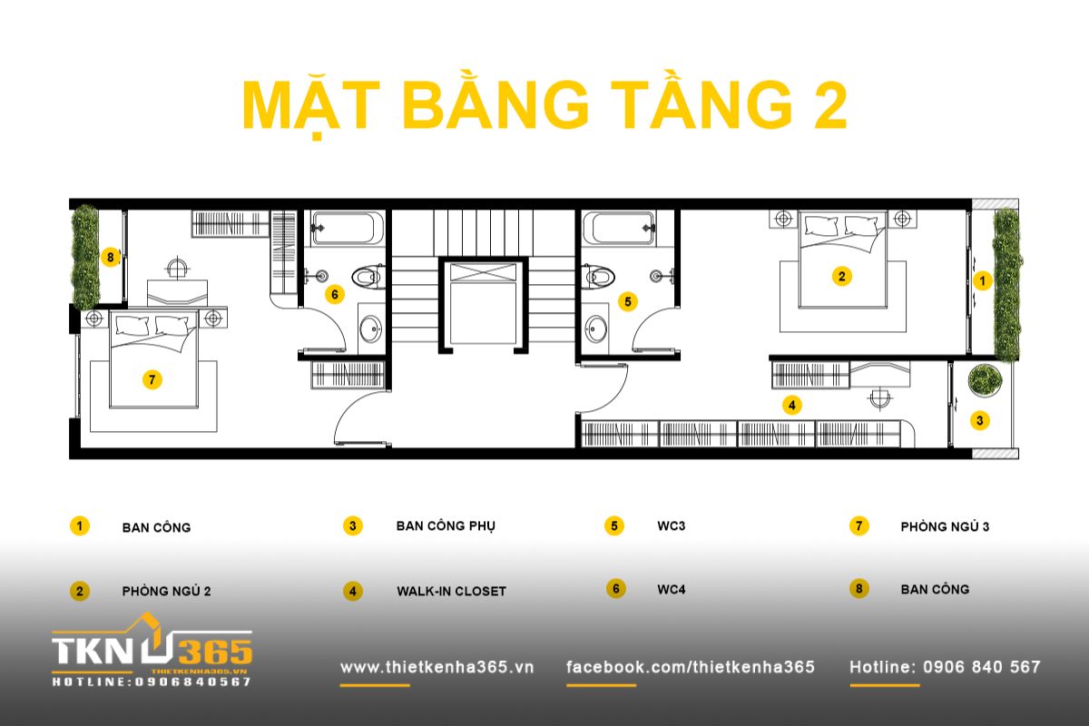 Mặt bằng tầng 2 nh&agrave; phố 5 tầng với c&aacute;c ph&ograve;ng ngủ c&oacute; WC kh&eacute;p k&iacute;n v&agrave; ph&ograve;ng thay đồ, tăng t&iacute;nh ri&ecirc;ng tư v&agrave; tiện nghi cho từng th&agrave;nh vi&ecirc;n