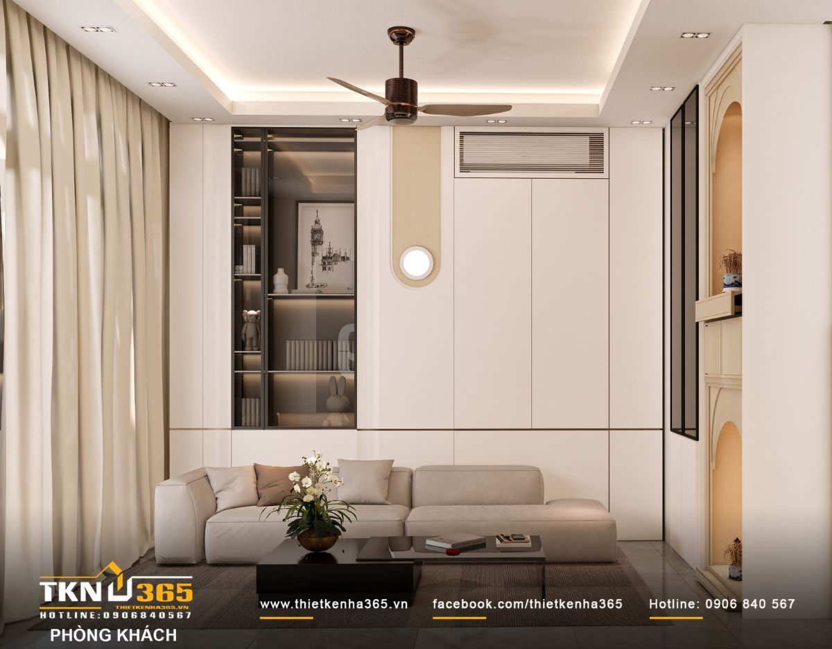 Ph&ograve;ng kh&aacute;ch D&rsquo;s House thiết kế theo phong c&aacute;ch hiện đại, tinh giản với bảng m&agrave;u trắng - be l&agrave;m nền, tạo cảm gi&aacute;c tho&aacute;ng s&aacute;ng v&agrave; dễ chịu