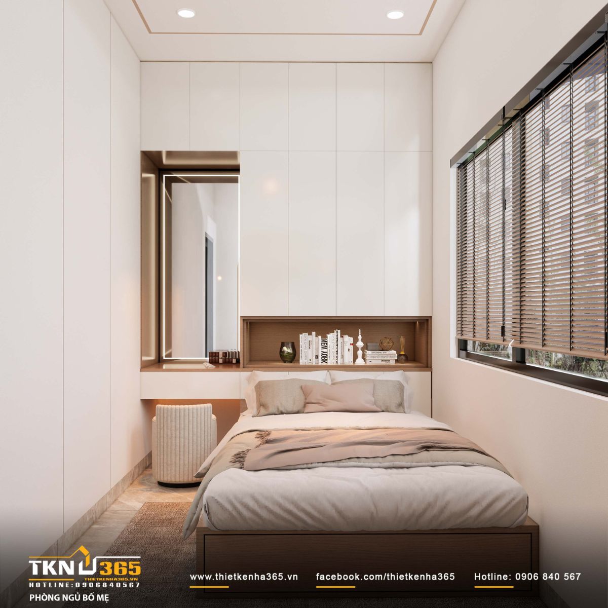 Hệ tủ &acirc;m tường kịch trần kết hợp b&agrave;n trang điểm liền khối gi&uacute;p tối ưu diện t&iacute;ch, giữ cho ph&ograve;ng ngủ lu&ocirc;n ngăn nắp v&agrave; liền mạch trong sử dụng