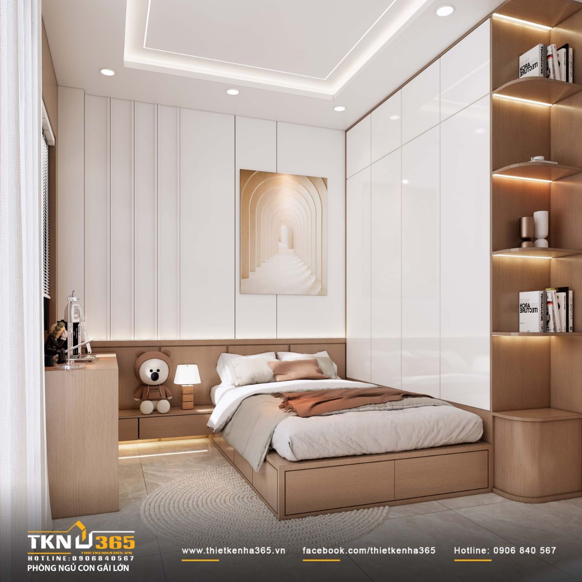 Giường gỗ t&iacute;ch hợp hộc k&eacute;o c&ugrave;ng hệ kệ v&agrave; b&agrave;n học liền khối gi&uacute;p tối ưu diện t&iacute;ch, giữ kh&ocirc;ng gian gọn g&agrave;ng v&agrave; linh hoạt