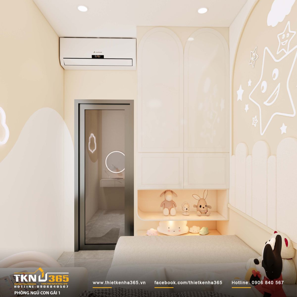 Mảng tường v&ograve;m kết hợp họa tiết ng&ocirc;i sao v&agrave; &aacute;nh s&aacute;ng hắt dịu tạo n&ecirc;n bầu kh&ocirc;ng kh&iacute; sinh động nhưng vẫn đủ y&ecirc;n tĩnh cho giấc ngủ của trẻ