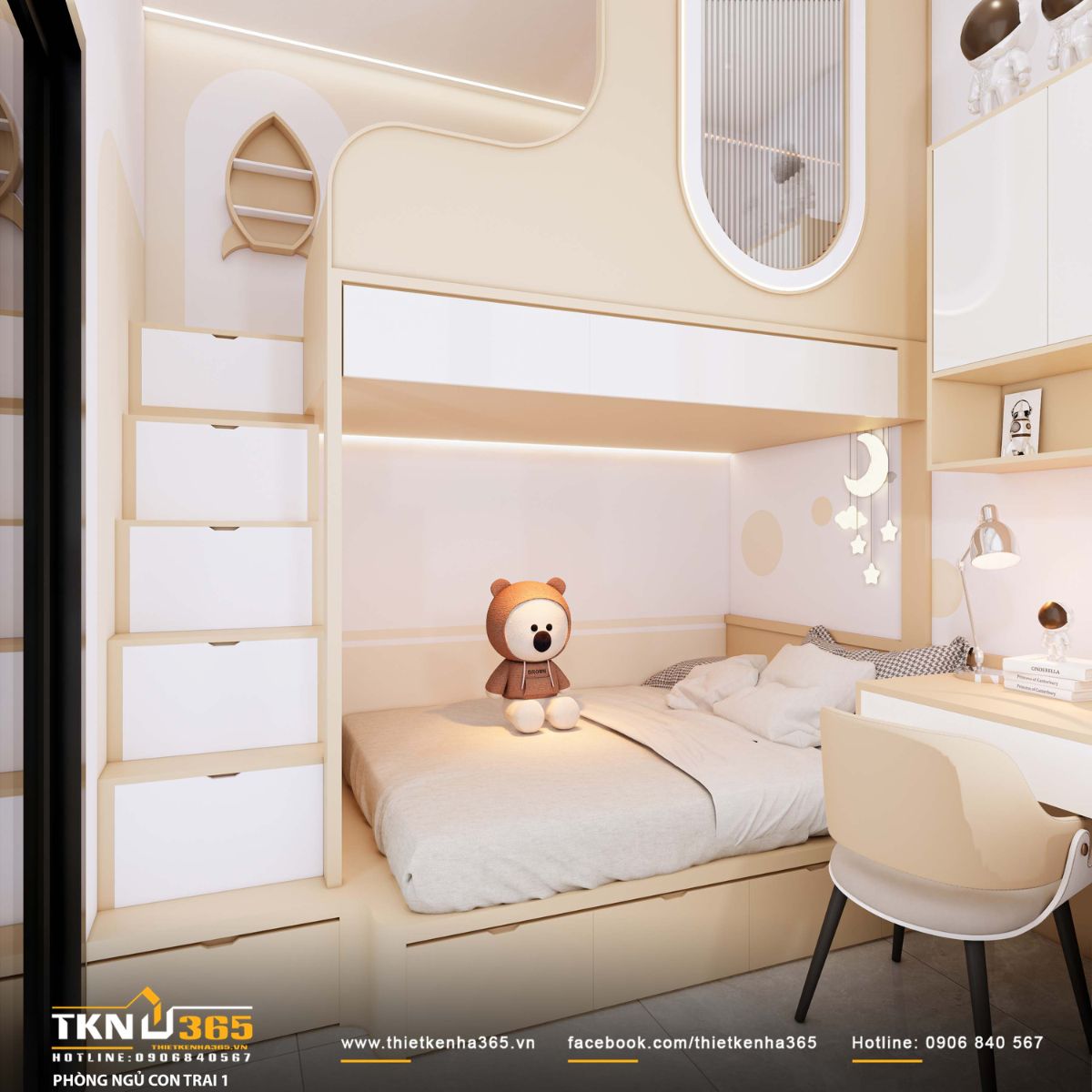 Ph&ograve;ng ngủ con trai được tổ chức theo dạng giường tầng, tận dụng chiều cao kh&ocirc;ng gian để ph&acirc;n chia khu vực nghỉ ngơi v&agrave; sinh hoạt