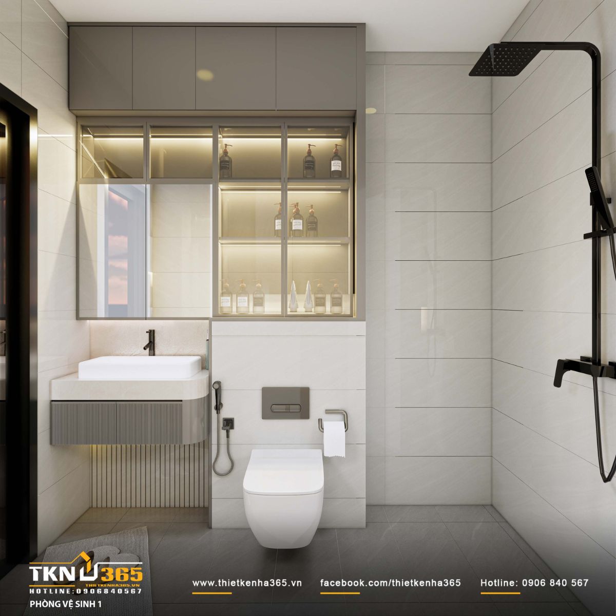 Ph&ograve;ng vệ sinh thiết kế theo phong c&aacute;ch hiện đại với t&ocirc;ng m&agrave;u s&aacute;ng, bố cục r&otilde; r&agrave;ng v&agrave; đường n&eacute;t gọn g&agrave;ng