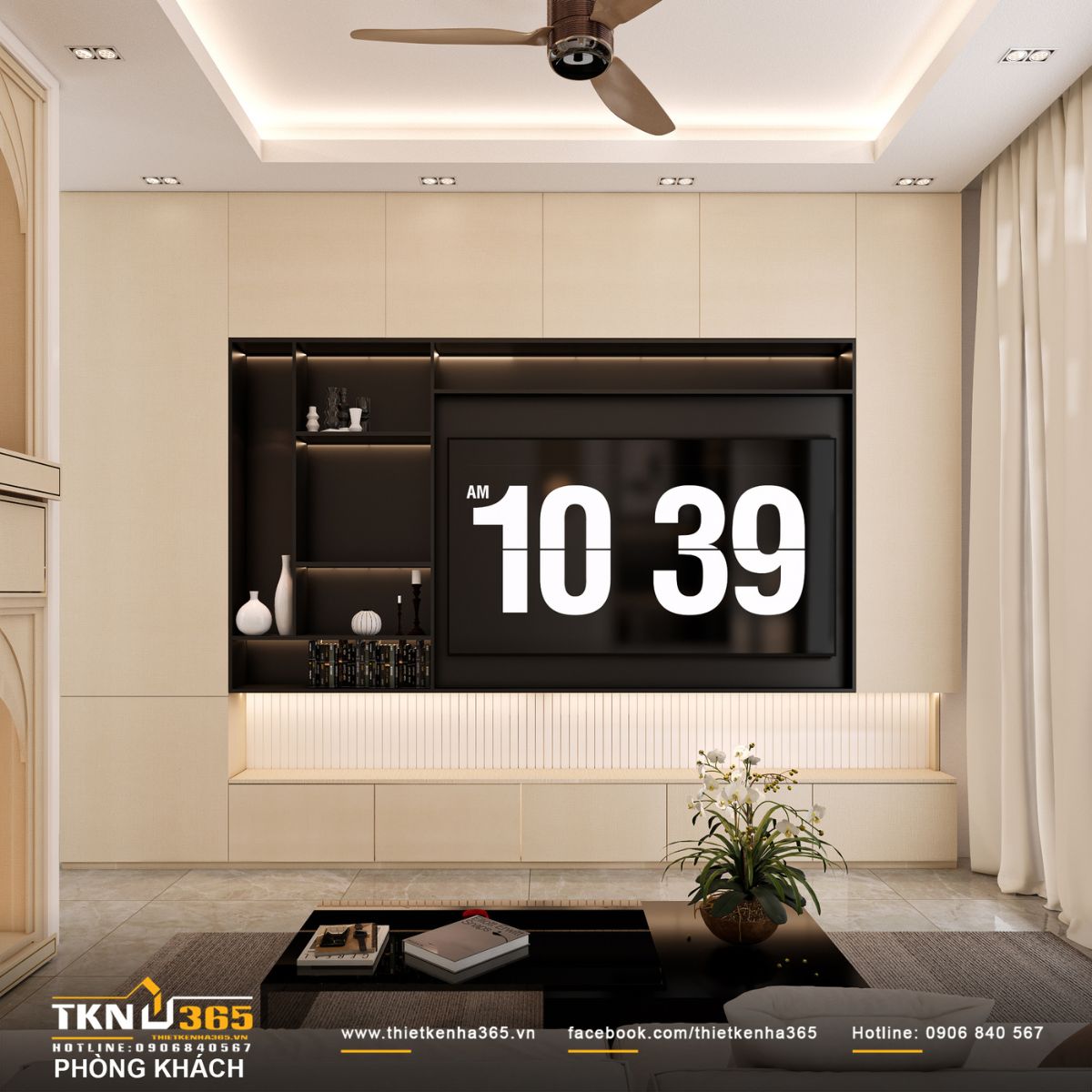 Hệ kệ tivi &acirc;m tường kết hợp tủ trưng b&agrave;y v&agrave; &aacute;nh s&aacute;ng hắt khe gi&uacute;p kh&ocirc;ng gian gọn g&agrave;ng, c&oacute; chiều s&acirc;u v&agrave; tạo cảm gi&aacute;c ấm c&uacute;ng