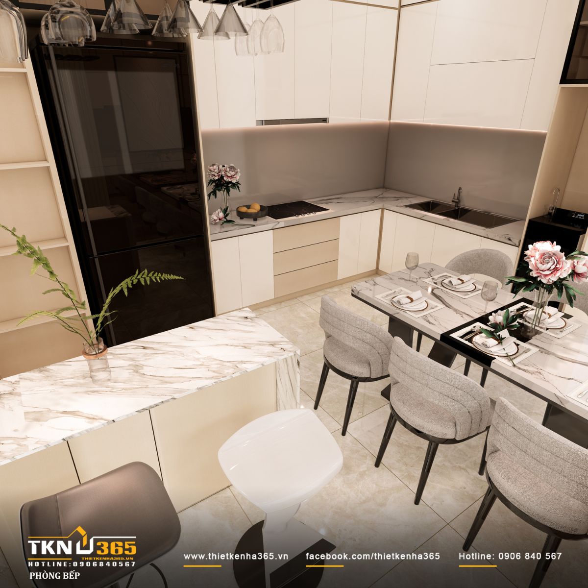 B&agrave;n đảo bếp ốp đ&aacute; marble v&acirc;n tự nhi&ecirc;n tạo điểm chuyển tiếp mềm mại sang kh&ocirc;ng gian ăn uống