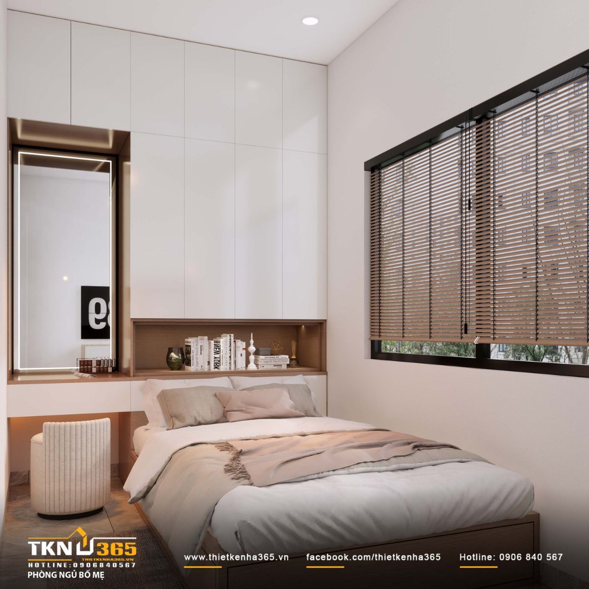 Ph&ograve;ng ngủ master thiết kế theo tinh thần tối giản, sử dụng gam m&agrave;u trung t&iacute;nh v&agrave; bố cục gọn g&agrave;ng để mang lại cảm gi&aacute;c y&ecirc;n tĩnh, thư gi&atilde;n