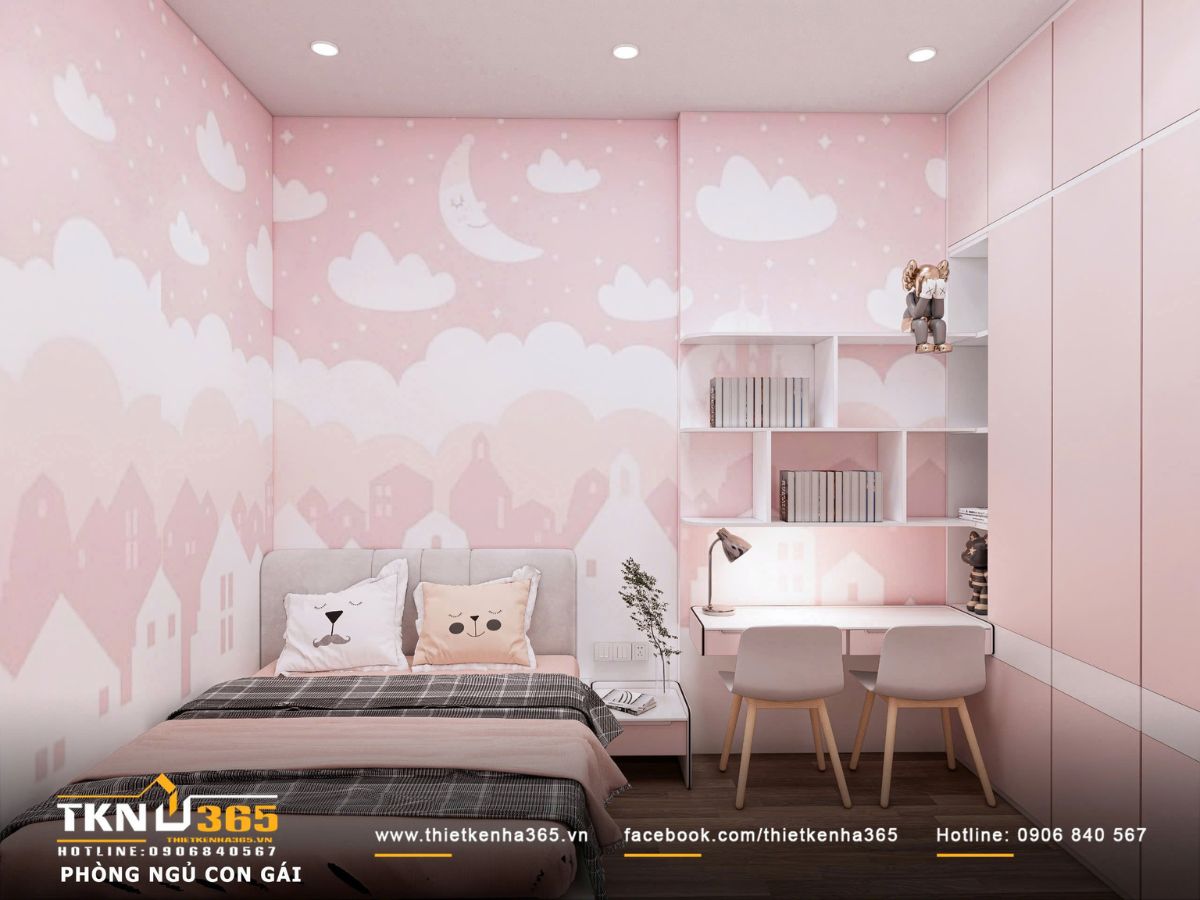Ph&ograve;ng ngủ con g&aacute;i sử dụng gam hồng pastel l&agrave;m chủ đạo, kết hợp giấy d&aacute;n tường họa tiết m&acirc;y trời, tạo cảm gi&aacute;c nhẹ nh&agrave;ng v&agrave; dễ thương