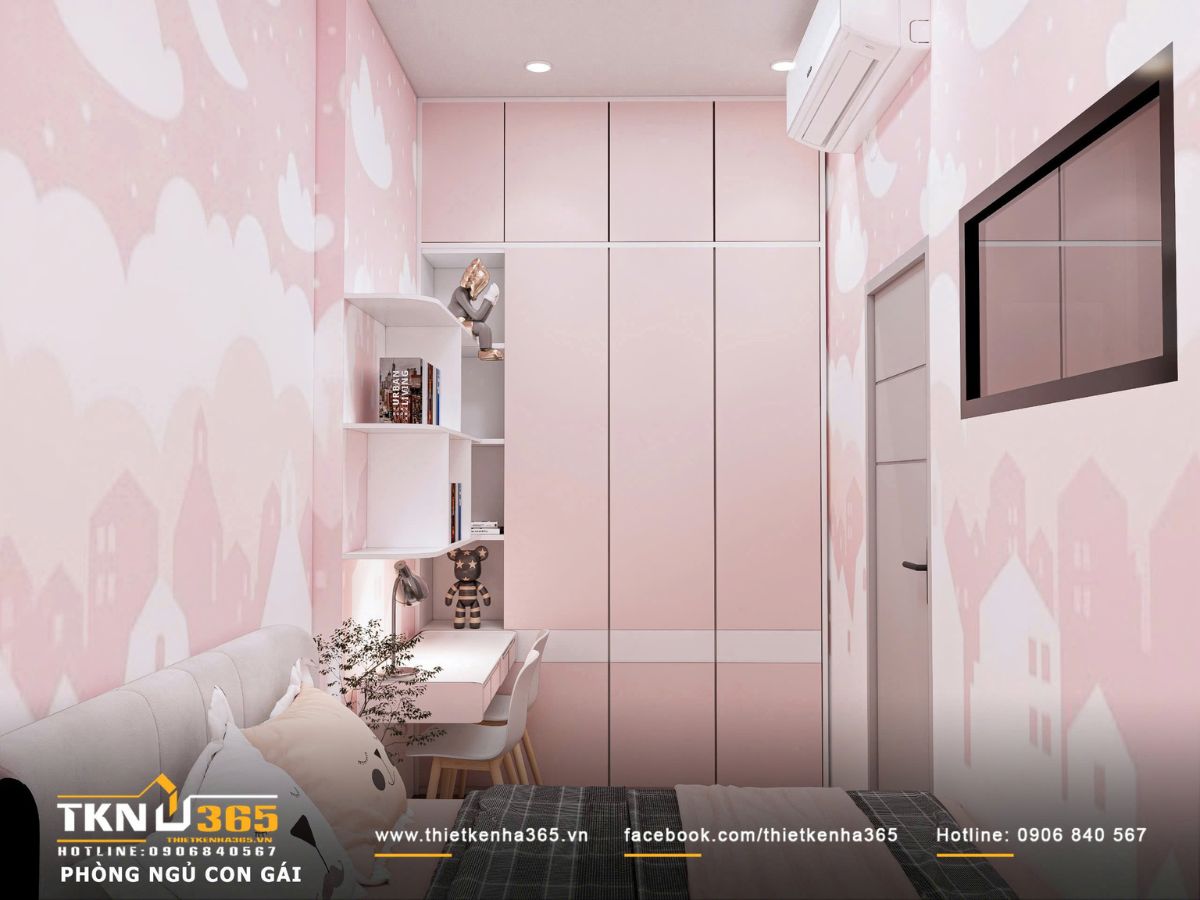 Hệ tủ &aacute;o kịch trần phối c&ugrave;ng b&agrave;n học v&agrave; kệ mở bố tr&iacute; liền mạch, gi&uacute;p kh&ocirc;ng gian vừa gọn g&agrave;ng, vừa đ&aacute;p ứng tốt nhu cầu học tập v&agrave; sinh hoạt h&agrave;ng ng&agrave;y