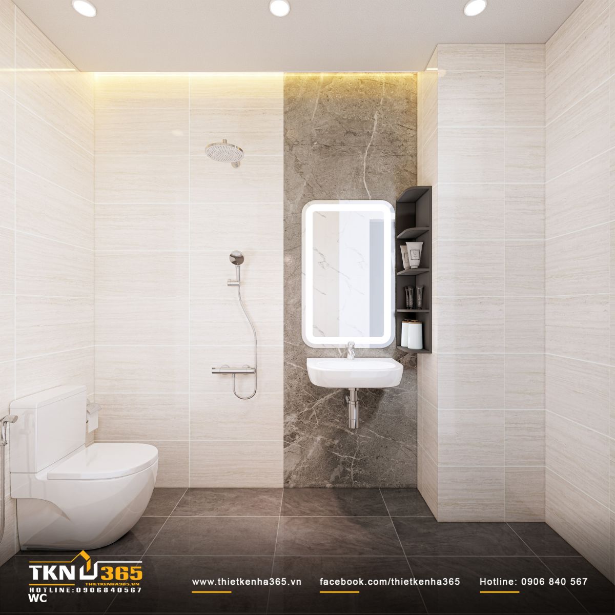 Ph&ograve;ng tắm sử dụng gạch ốp t&ocirc;ng s&aacute;ng kết hợp mảng đ&aacute; v&acirc;n x&aacute;m, bố cục gọn g&agrave;ng gi&uacute;p kh&ocirc;ng gian nhỏ vẫn s&aacute;ng v&agrave; c&oacute; chiều s&acirc;u