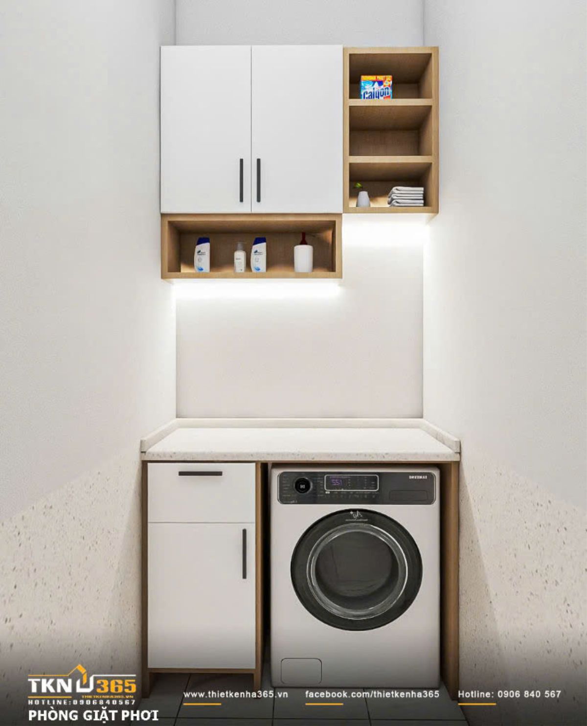 Khu vực giặt - phơi tổ chức gọn g&agrave;ng với m&aacute;y giặt đặt &acirc;m tủ, hệ tủ treo v&agrave; kệ mở ph&iacute;a tr&ecirc;n gi&uacute;p tối ưu lưu trữ trong diện t&iacute;ch nhỏ