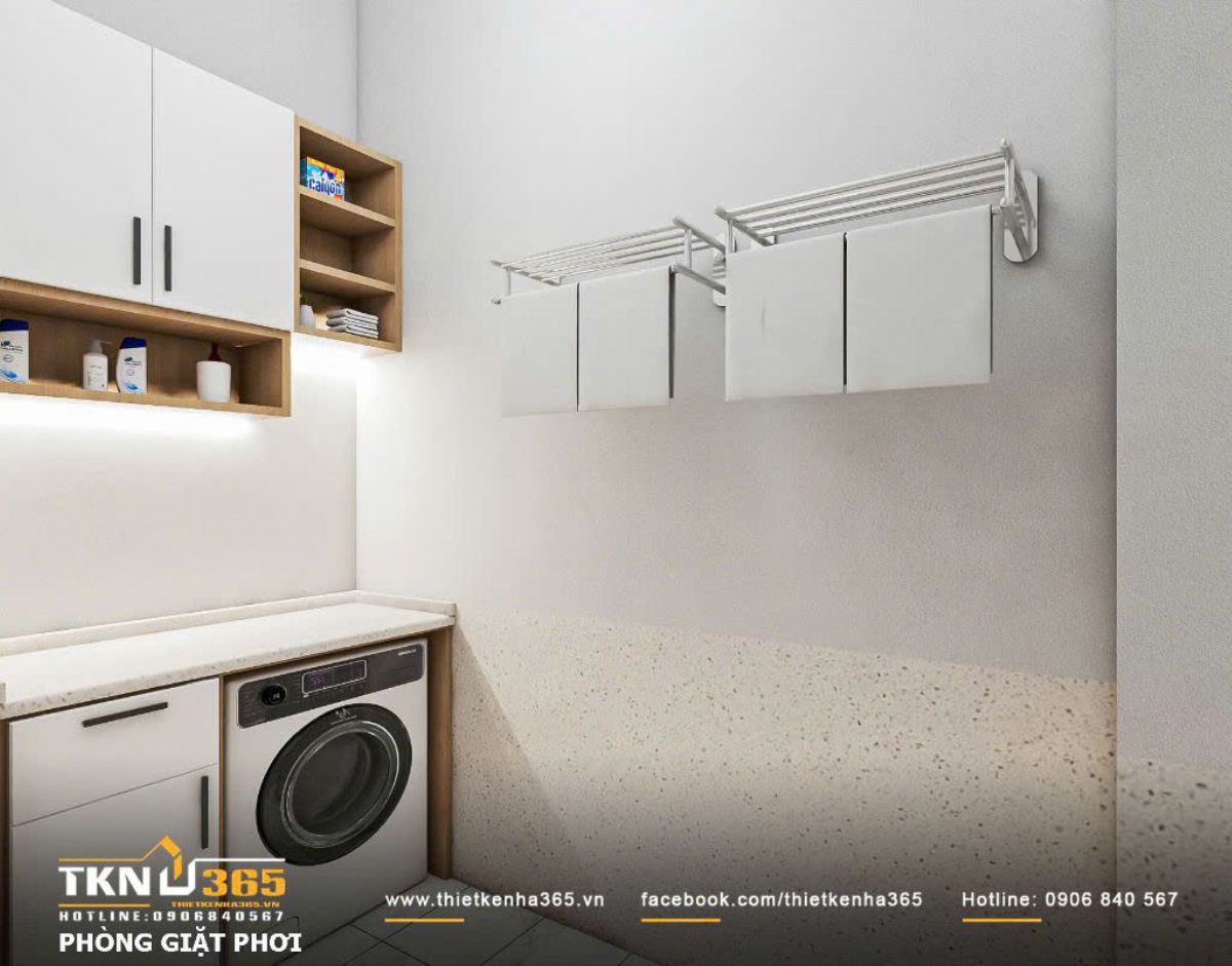 C&aacute;c thanh phơi gắn tường tận dụng chiều cao kh&ocirc;ng gian, kết hợp bảng m&agrave;u trắng - gỗ s&aacute;ng tạo cảm gi&aacute;c sạch sẽ v&agrave; th&ocirc;ng tho&aacute;ng