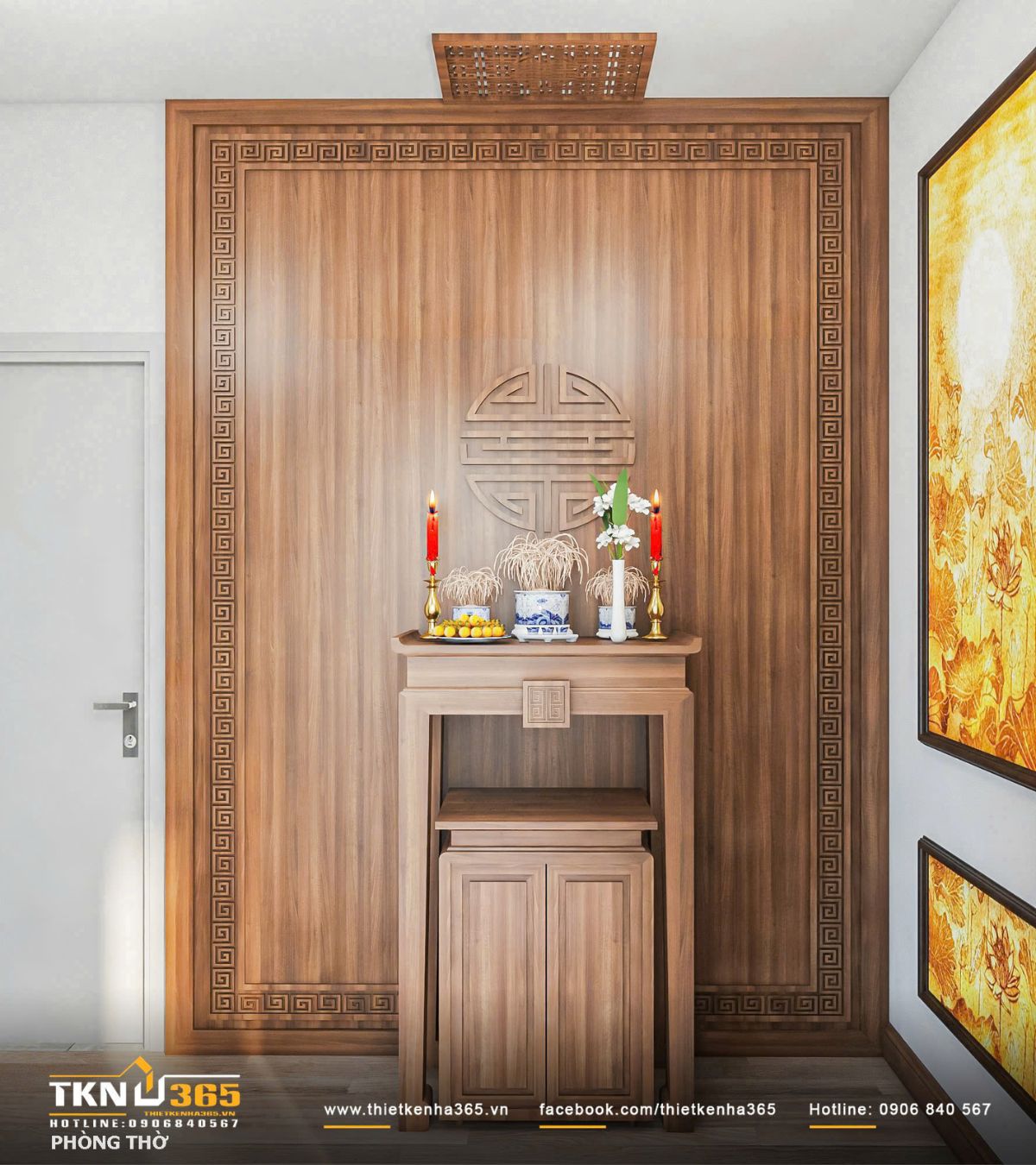 Kh&ocirc;ng gian thờ bố tr&iacute; tại tầng tr&ecirc;n c&ugrave;ng, sử dụng nội thất gỗ t&ocirc;ng trầm với v&aacute;ch ốp họa tiết cổ điển, tạo cảm gi&aacute;c trang nghi&ecirc;m v&agrave; tĩnh tại