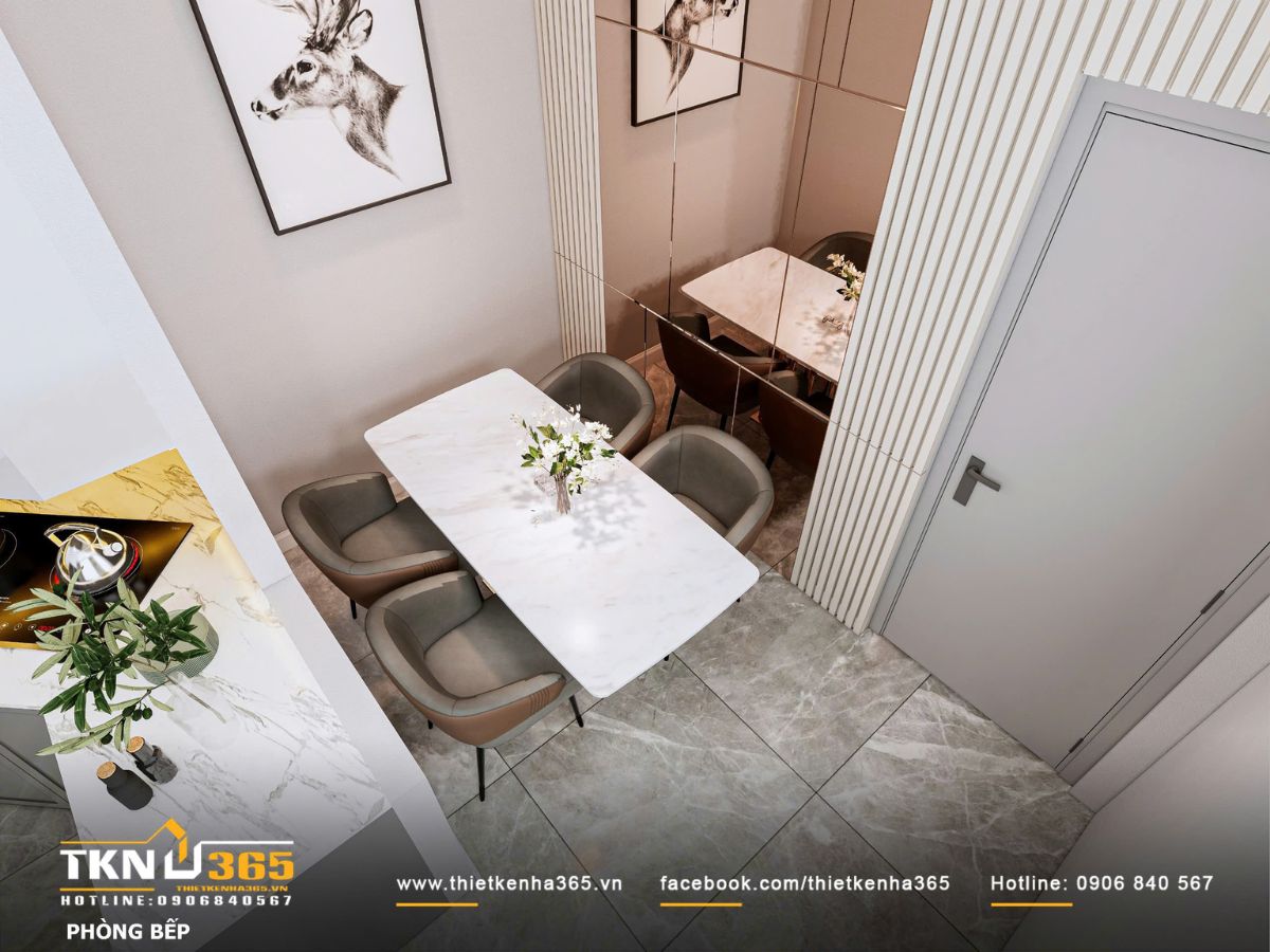 B&agrave;n ăn mặt đ&aacute; v&acirc;n m&acirc;y kết hợp ghế bọc nệm v&agrave; v&aacute;ch gương, vừa mở rộng kh&ocirc;ng gian, vừa tạo điểm dừng ấm &aacute;p cho những bữa cơm gia đ&igrave;nh