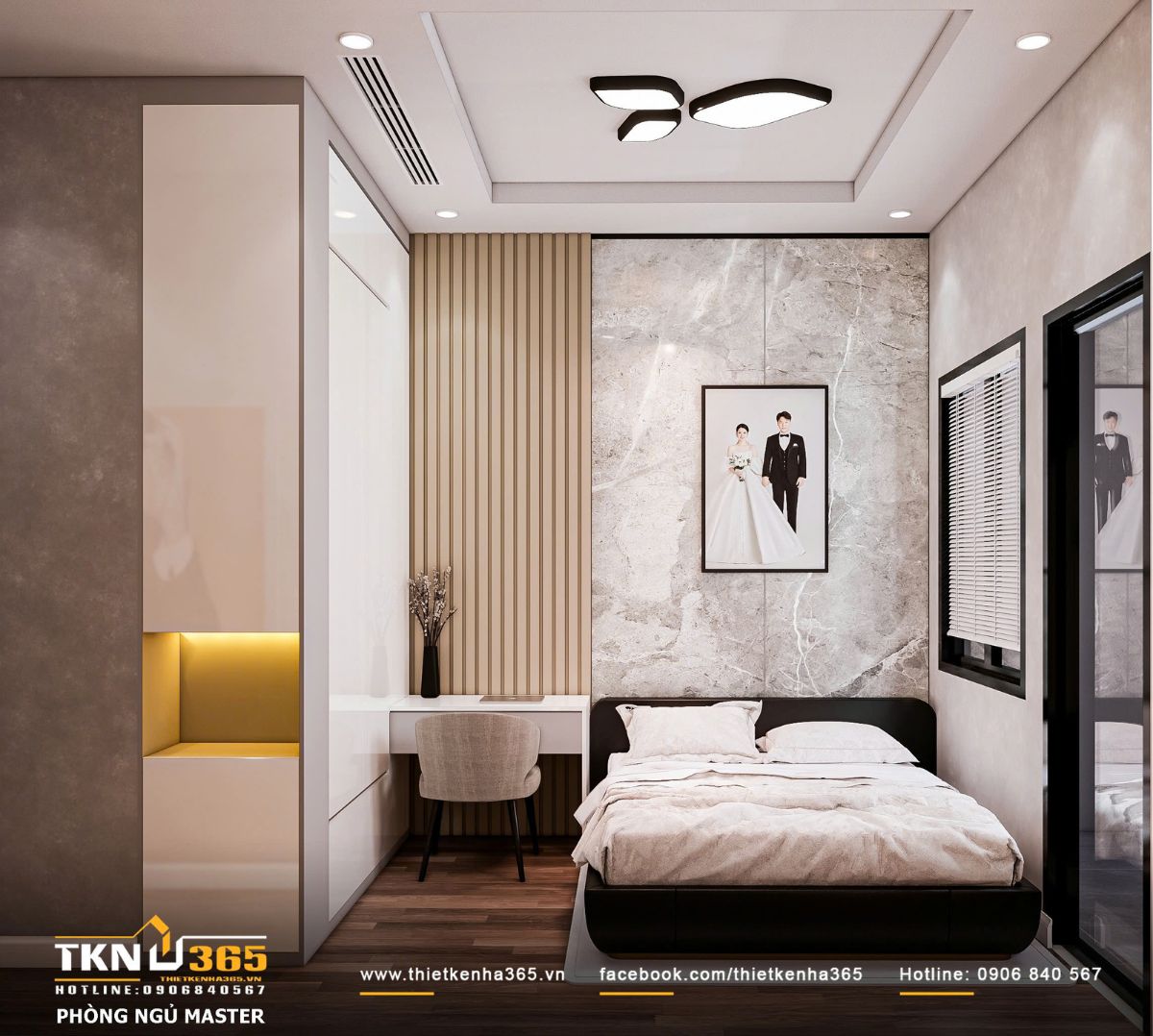 Ph&ograve;ng ngủ master sử dụng bảng m&agrave;u trầm ấm, mảng tường v&acirc;n đ&aacute; đầu giường kết hợp &aacute;nh s&aacute;ng gi&aacute;n tiếp, tạo cảm gi&aacute;c lắng đọng v&agrave; thư th&aacute;i khi nghỉ ngơi