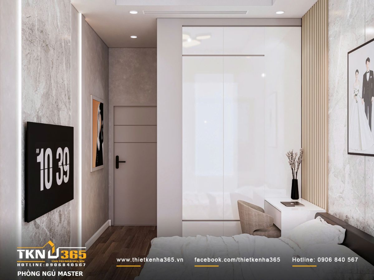 Hệ tủ &aacute;o kịch trần phối c&ugrave;ng b&agrave;n l&agrave;m việc nhỏ gọn gi&uacute;p tối ưu diện t&iacute;ch lưu trữ, giữ kh&ocirc;ng gian gọn g&agrave;ng v&agrave; mạch lạc