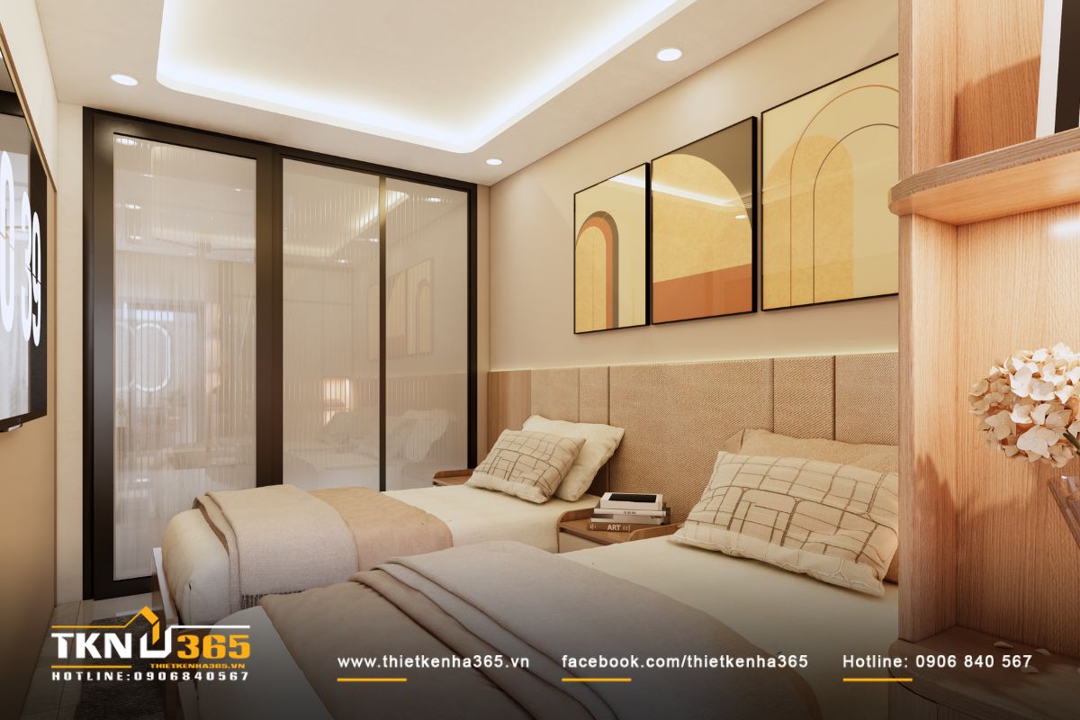 Bề mặt gỗ th&ocirc; mộc kết hợp &aacute;nh s&aacute;ng v&agrave;ng dịu gi&uacute;p kh&ocirc;ng gian nghỉ ngơi trở n&ecirc;n ấm &aacute;p v&agrave; dễ chịu