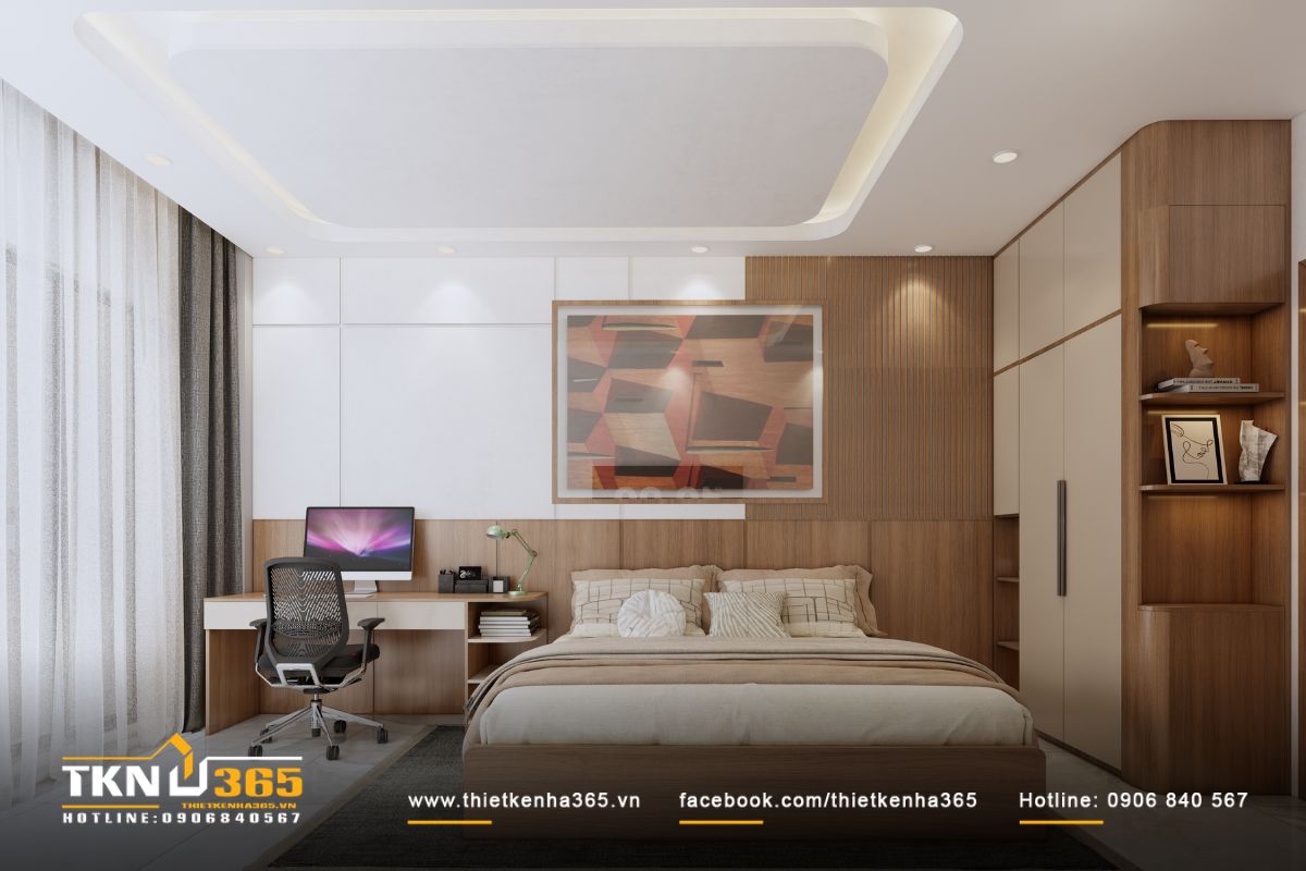 Giường ngủ bố tr&iacute; gọn g&agrave;ng ở trung t&acirc;m, kết hợp hệ tủ kệ cao s&aacute;t trần để giữ tổng thể liền mạch