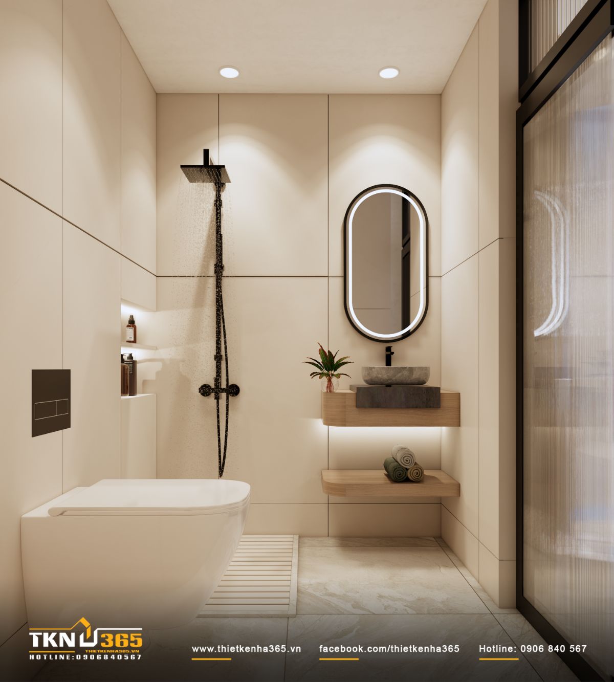 Ph&ograve;ng tắm sử dụng bảng m&agrave;u trung t&iacute;nh với bố cục gọn g&agrave;ng, mang lại cảm gi&aacute;c sạch sẽ v&agrave; dễ chịu khi sử dụng