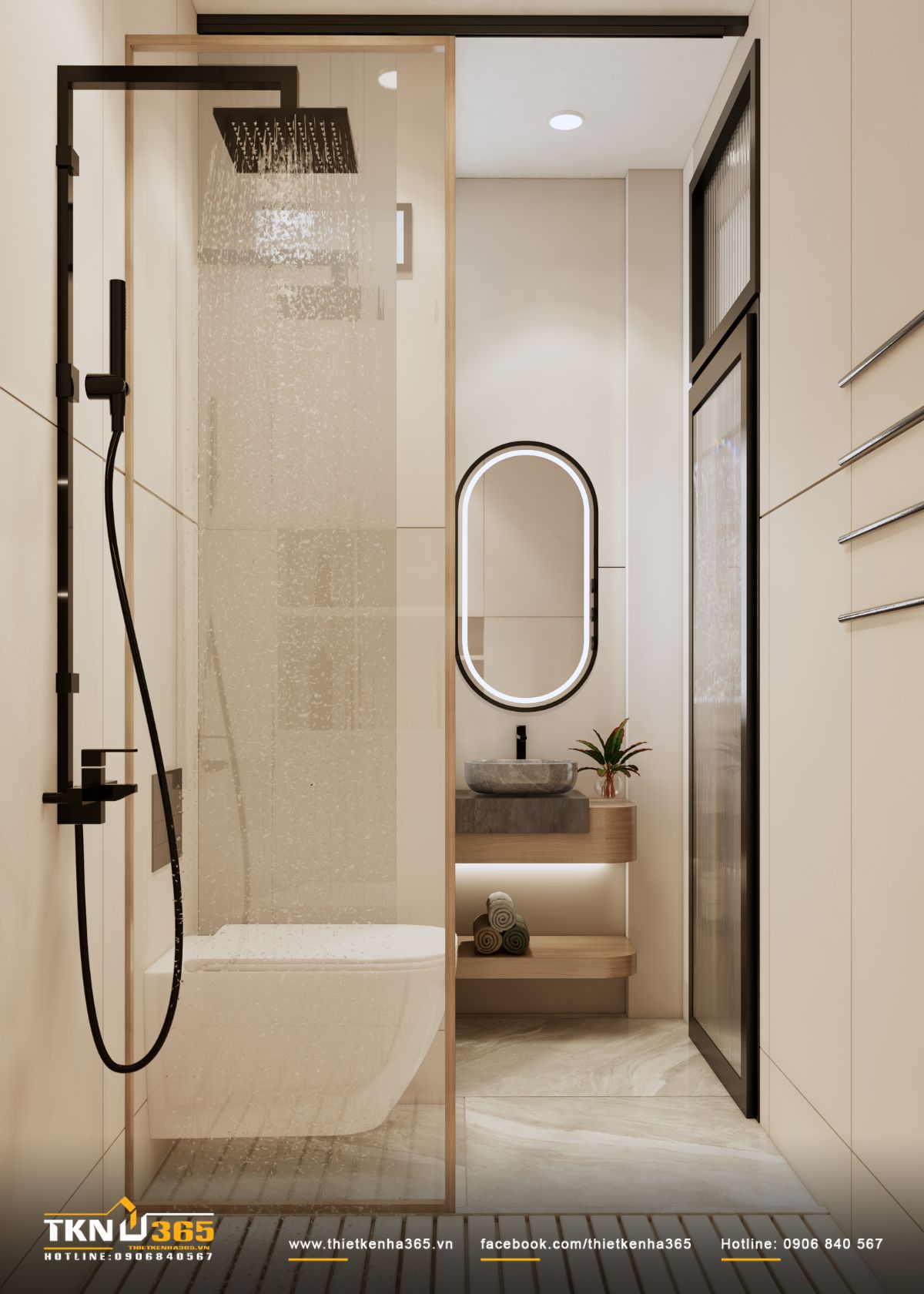 Khu tắm đứng bố tr&iacute; ri&ecirc;ng biệt với v&aacute;ch k&iacute;nh trong, đảm bảo c&ocirc;ng năng m&agrave; kh&ocirc;ng ảnh hưởng đến tổng thể kh&ocirc;ng gian