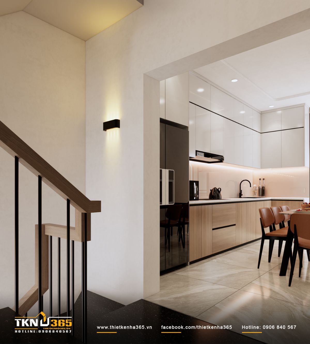 Hệ tủ bếp v&agrave; tủ lạnh thiết kế liền khối, k&eacute;o d&agrave;i theo chiều đứng, gi&uacute;p tối ưu lưu trữ v&agrave; hạn chế cảm gi&aacute;c chia cắt kh&ocirc;ng gian