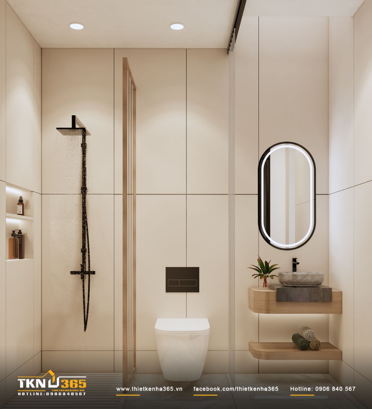 Lavabo đặt tr&ecirc;n hệ kệ treo gọn nhẹ, kết hợp gương v&agrave; &aacute;nh s&aacute;ng dịu để tăng cảm gi&aacute;c thư gi&atilde;n