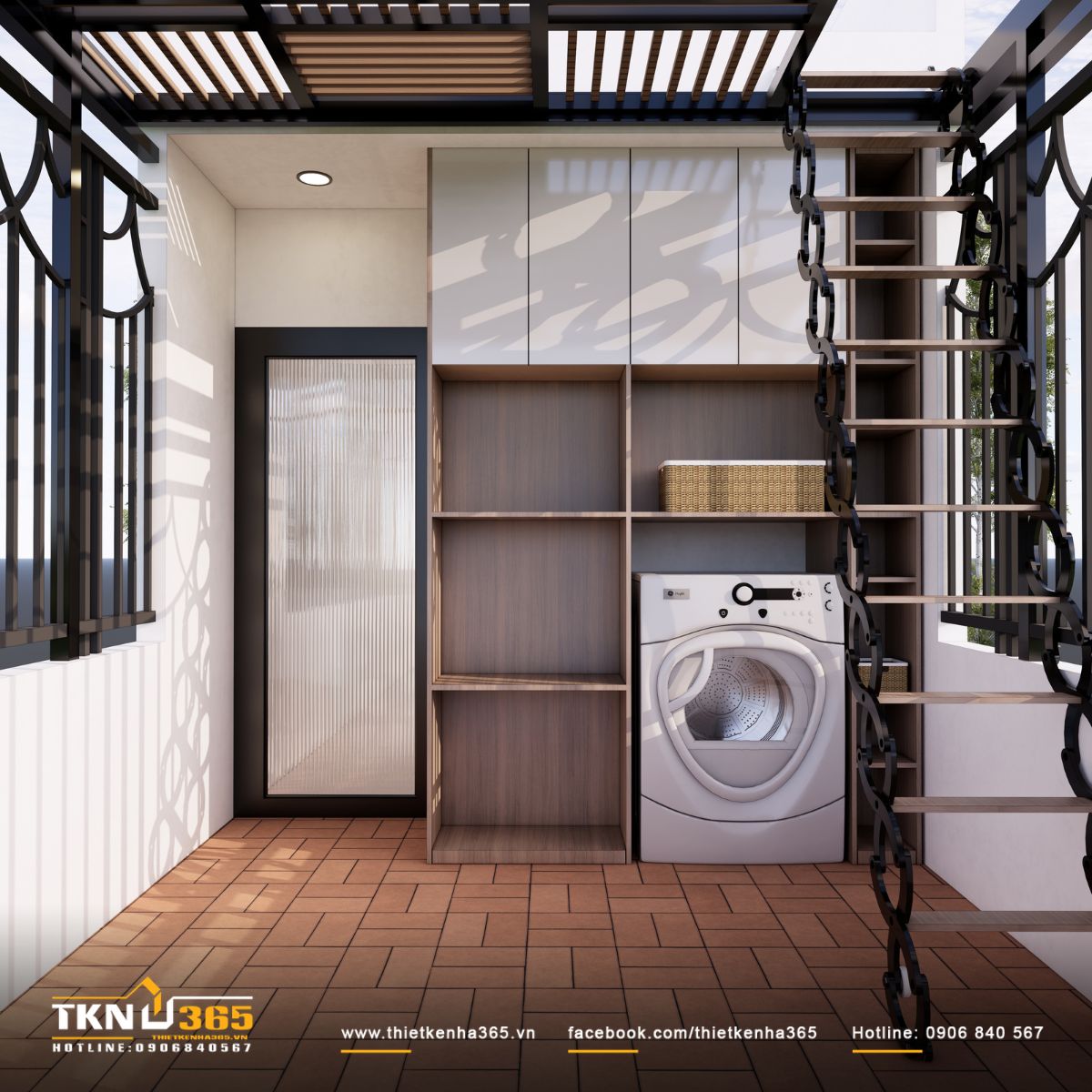 Khu giặt phơi tr&ecirc;n s&acirc;n thượng được tổ chức ngăn nắp với m&aacute;y giặt đặt gọn trong hệ tủ lưu trữ