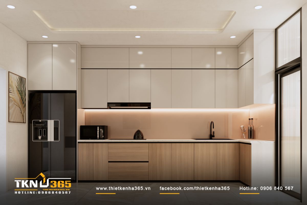 Bếp chữ L kịch trần với bảng m&agrave;u trung t&iacute;nh v&agrave; đường n&eacute;t dứt kho&aacute;t mang lại cảm gi&aacute;c sạch sẽ, nhẹ nh&agrave;ng