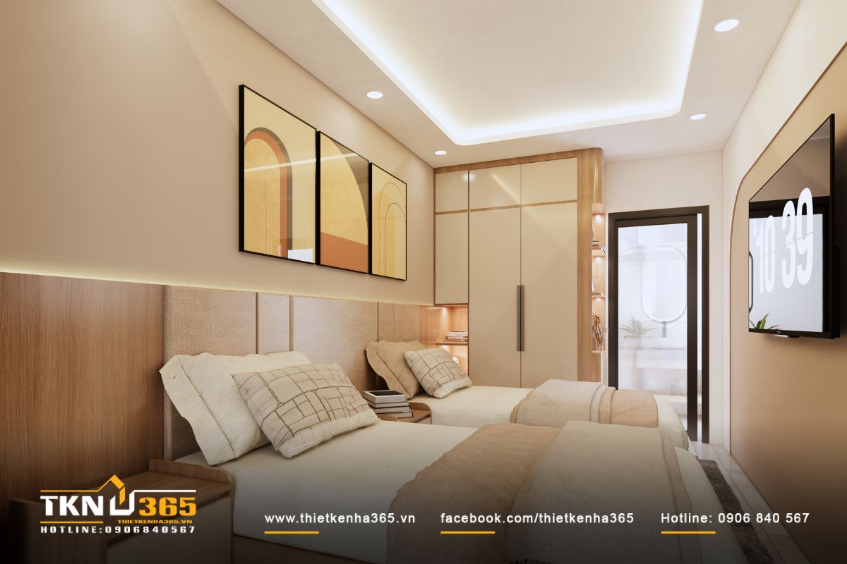 Kh&ocirc;ng gian ph&ograve;ng ngủ sử dụng nội thất tiết chế, bố tr&iacute; gọn g&agrave;ng để giữ sự y&ecirc;n tĩnh v&agrave; thoải m&aacute;i cho sinh hoạt ri&ecirc;ng tư