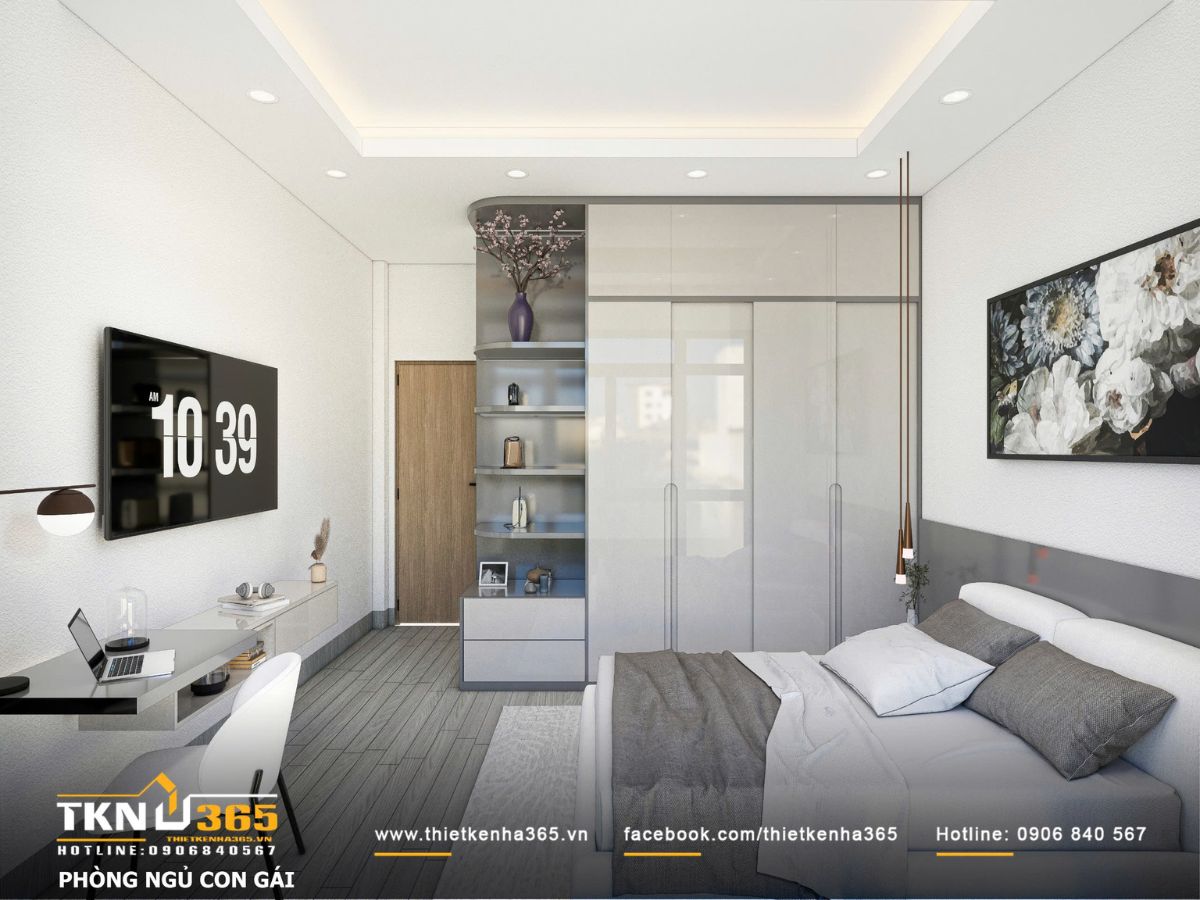 Ph&ograve;ng ngủ con g&aacute;i thiết kế gọn g&agrave;ng với bảng m&agrave;u trung t&iacute;nh, kết hợp b&agrave;n học treo tường v&agrave; hệ kệ mở để đ&aacute;p ứng sinh hoạt học tập h&agrave;ng ng&agrave;y