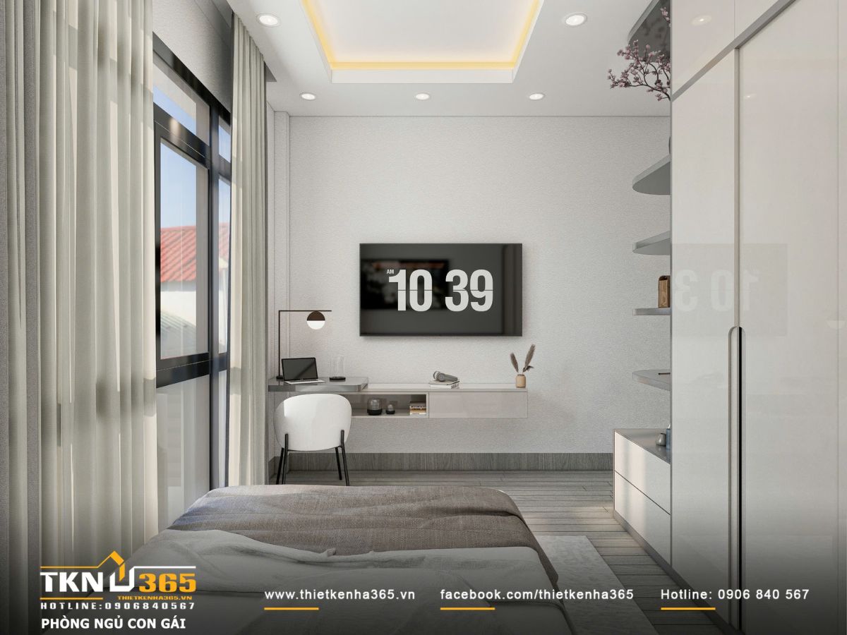 Kh&ocirc;ng gian b&agrave;n học đặt cạnh cửa sổ lớn, tận dụng &aacute;nh s&aacute;ng tự nhi&ecirc;n, gi&uacute;p ph&ograve;ng ngủ con lu&ocirc;n s&aacute;ng v&agrave; tho&aacute;ng