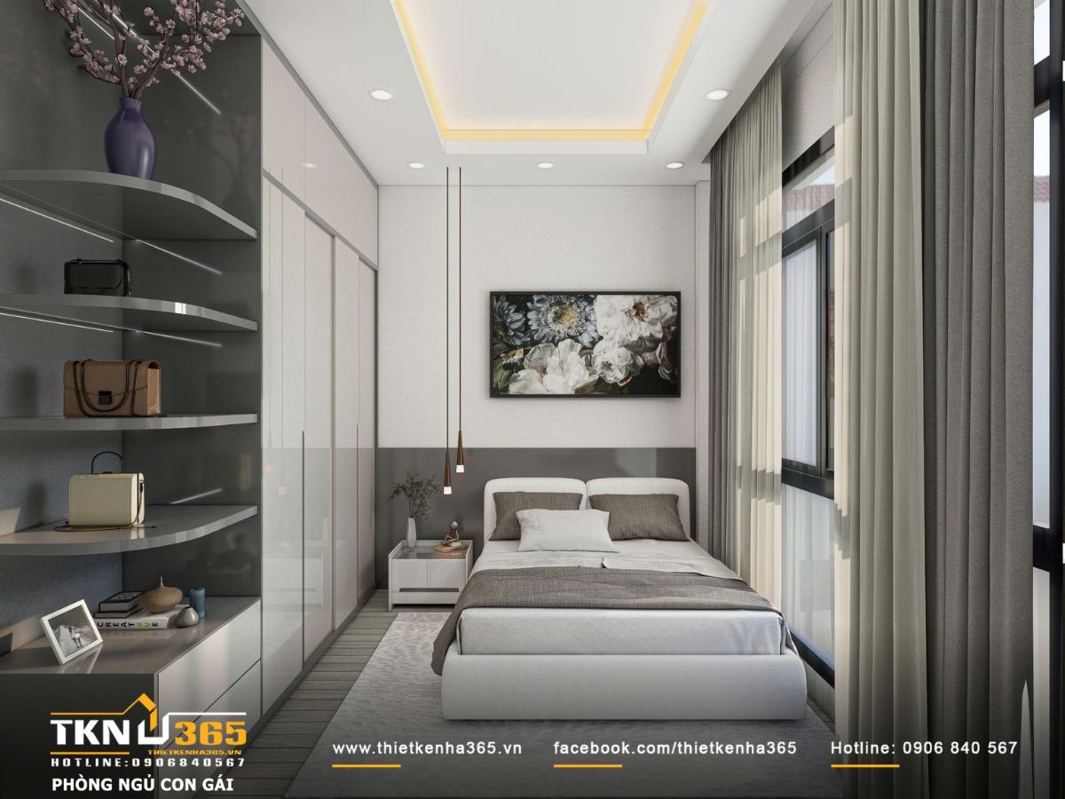 Giường ngủ bố tr&iacute; c&acirc;n đối c&ugrave;ng hệ tủ quần &aacute;o v&agrave; kệ trang tr&iacute; bo cong, tạo cảm gi&aacute;c mềm mại v&agrave; linh hoạt cho kh&ocirc;ng gian ri&ecirc;ng của trẻ