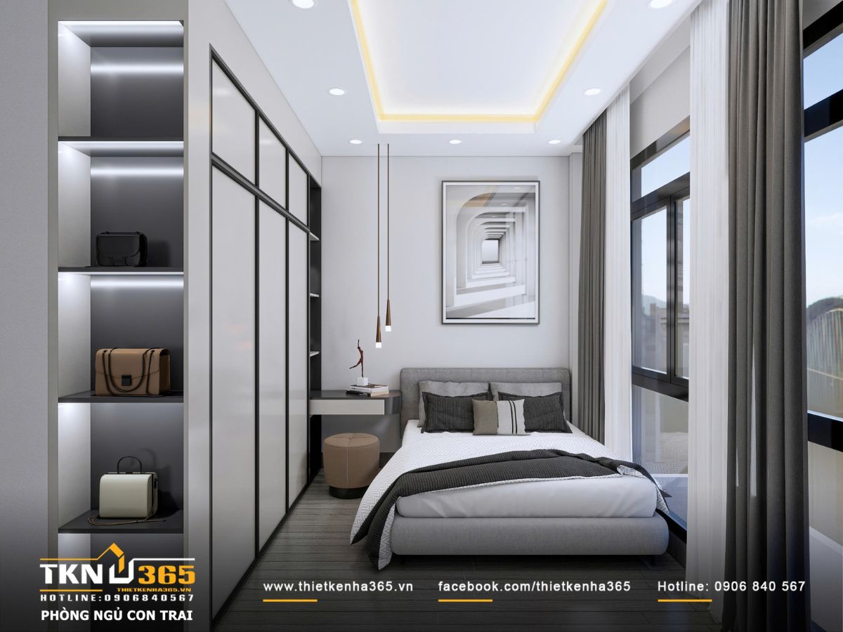 Ph&ograve;ng ngủ con trai mang tinh thần hiện đại, bố cục r&otilde; r&agrave;ng giữa khu nghỉ ngơi v&agrave; g&oacute;c học tập, đảm bảo sự ngăn nắp trong sinh hoạt