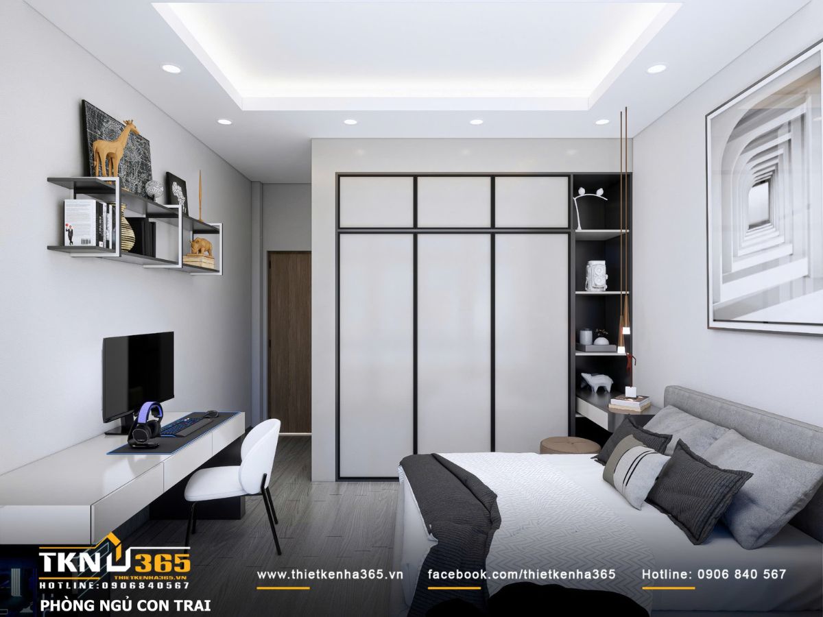 Hệ tủ quần &aacute;o phẳng, thiết kế kịch trần gi&uacute;p tối ưu lưu trữ m&agrave; vẫn giữ kh&ocirc;ng gian ph&ograve;ng ngủ con trai gọn g&agrave;ng, tho&aacute;ng s&aacute;ng