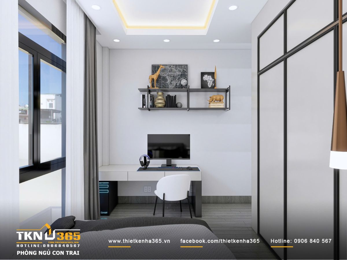 B&agrave;n học kết hợp kệ treo v&agrave; &aacute;nh s&aacute;ng tự nhi&ecirc;n qua cửa sổ, tạo m&ocirc;i trường học tập tập trung nhưng kh&ocirc;ng nặng nề