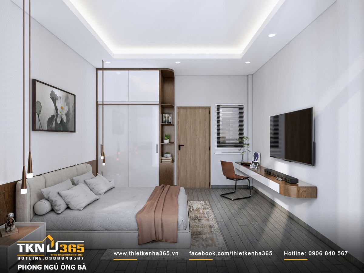 Nội thất ph&ograve;ng ngủ &ocirc;ng b&agrave; sử dụng vật liệu gỗ ấm &aacute;p kết hợp &aacute;nh s&aacute;ng gi&aacute;n tiếp, mang lại cảm gi&aacute;c dễ chịu v&agrave; gần gũi