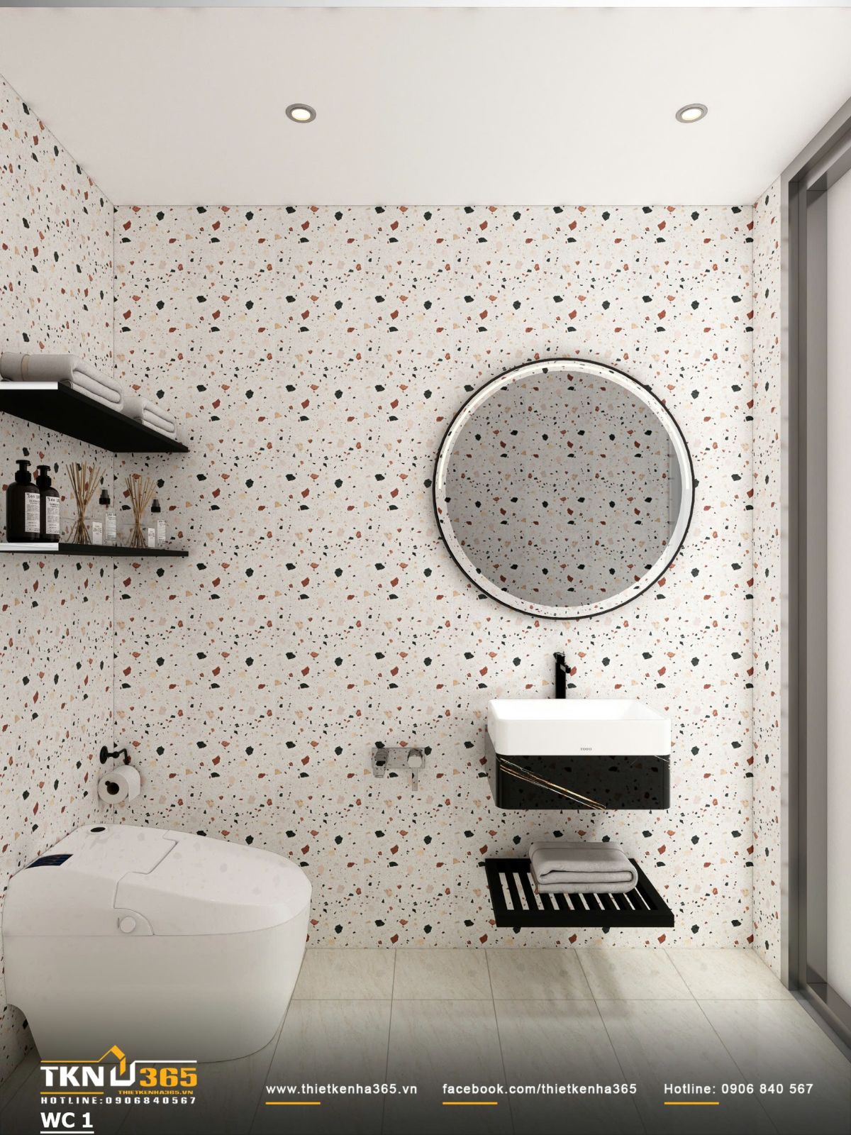 Khu vệ sinh sử dụng gạch terrazzo l&agrave;m điểm nhấn, kết hợp lavabo treo tường v&agrave; phụ kiện gọn g&agrave;ng để kh&ocirc;ng gian nhỏ lu&ocirc;n sạch v&agrave; tho&aacute;ng