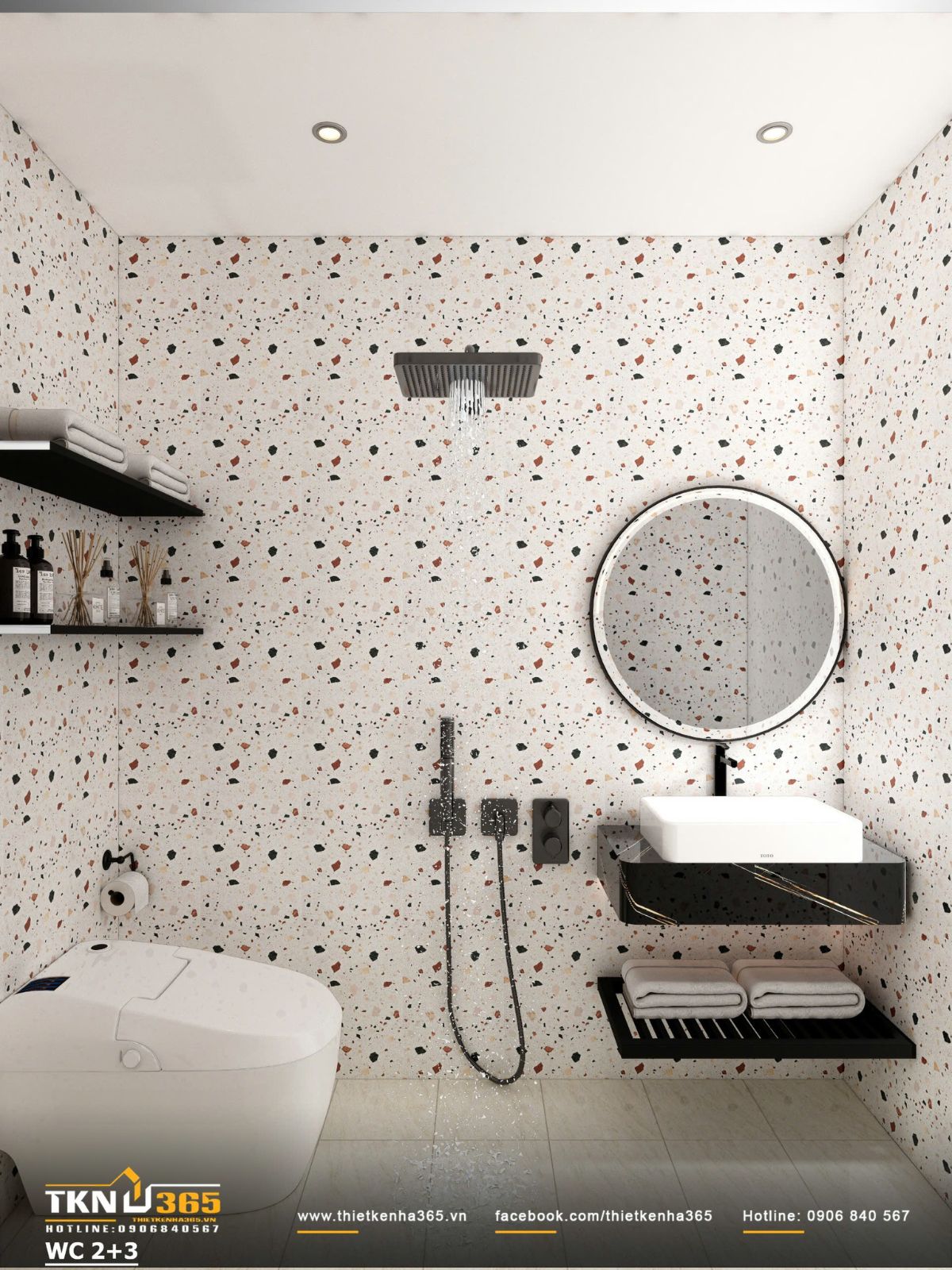 Bố cục khu tắm - vệ sinh được tổ chức r&otilde; r&agrave;ng, &aacute;nh s&aacute;ng trần kết hợp vật liệu trung t&iacute;nh gi&uacute;p kh&ocirc;ng gian dễ bảo tr&igrave; v&agrave; sử dụng l&acirc;u d&agrave;i