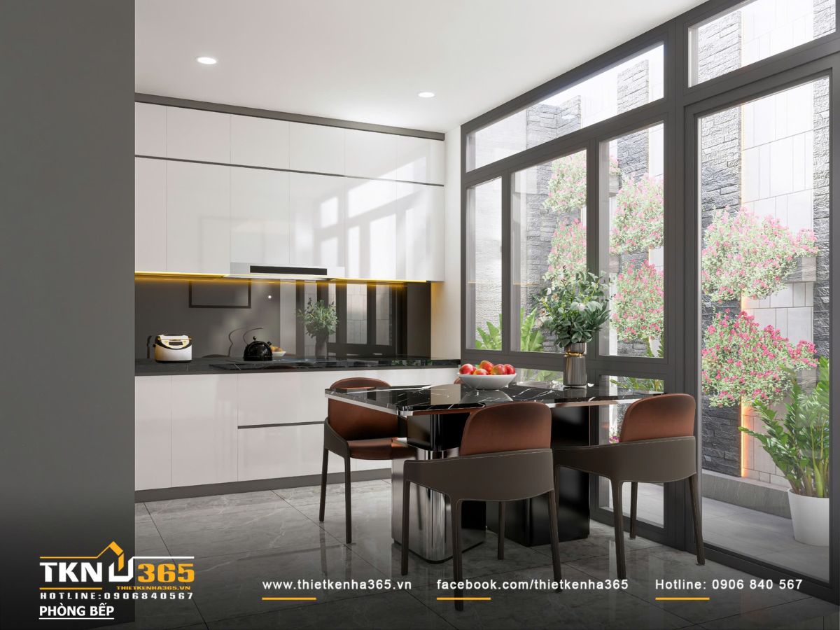 Hệ tủ bếp phẳng tay nắm &acirc;m kết hợp mặt đ&aacute; đen b&oacute;ng, vừa đảm bảo thẩm mỹ tối giản vừa thuận tiện trong sử dụng v&agrave; vệ sinh h&agrave;ng ng&agrave;y