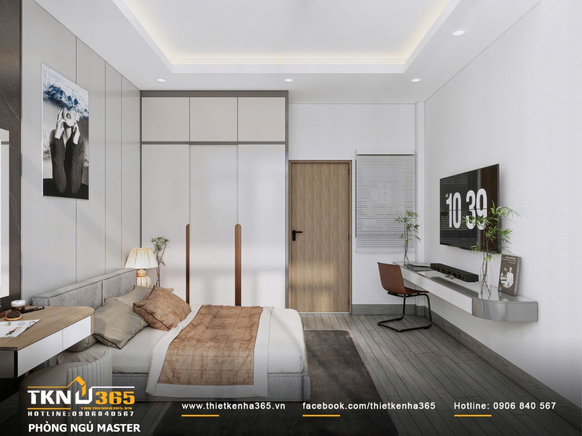 Hệ tủ quần &aacute;o kịch trần bố tr&iacute; gọn g&agrave;ng c&ugrave;ng b&agrave;n l&agrave;m việc treo tường, tối ưu lưu trữ v&agrave; giữ kh&ocirc;ng gian ph&ograve;ng ngủ lu&ocirc;n ngăn nắp, nhẹ nh&agrave;ng