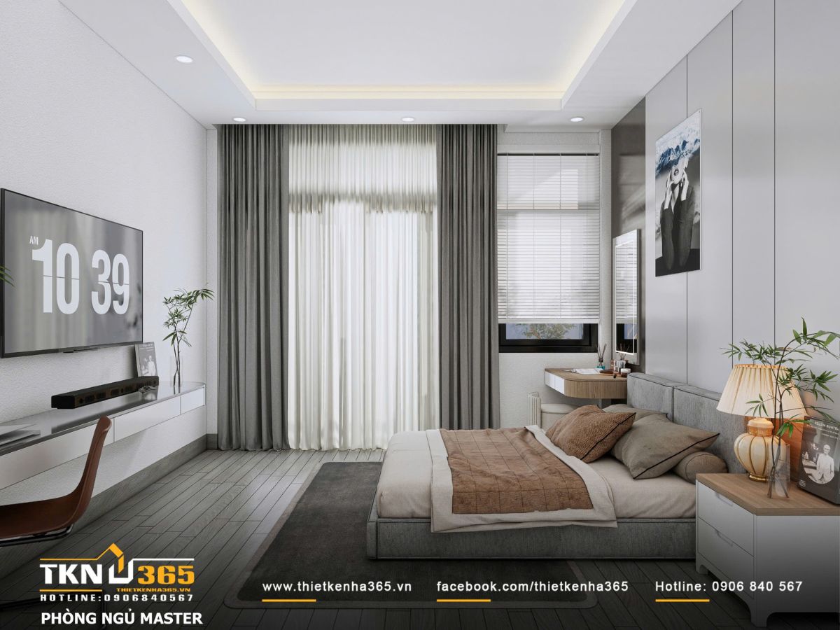 &Aacute;nh s&aacute;ng tự nhi&ecirc;n được khai th&aacute;c qua cửa sổ lớn kết hợp r&egrave;m hai lớp v&agrave; chiếu s&aacute;ng gi&aacute;n tiếp, gi&uacute;p ph&ograve;ng ngủ giữ được sự tĩnh tại cần thiết