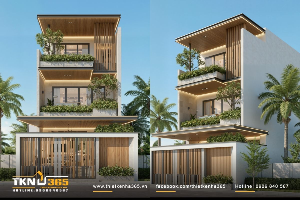 Nhà phố 3 tầng 6x16m thiết kế mặt tiền xanh tạo lớp đệm điều tiết nắng gió