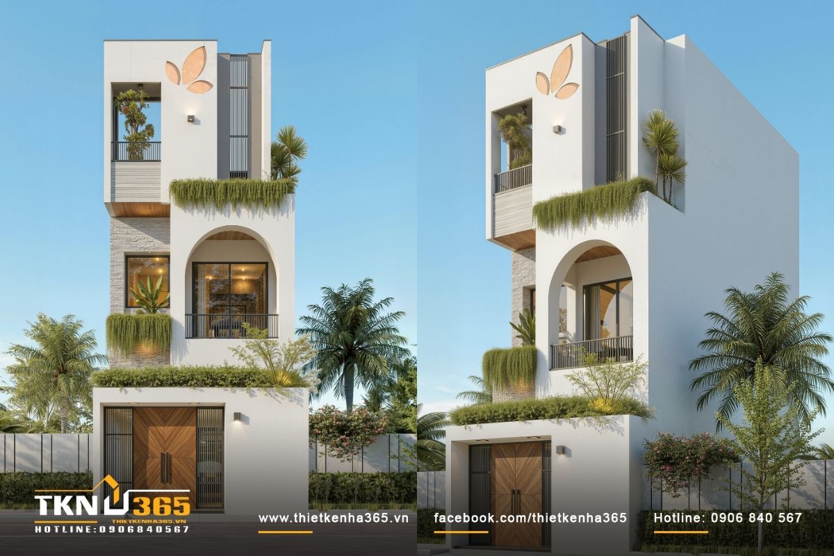 Nhà phố 3 tầng tại Trà Vinh chinh phục mọi ánh nhìn với mặt tiền vòm cong và ban công xanh