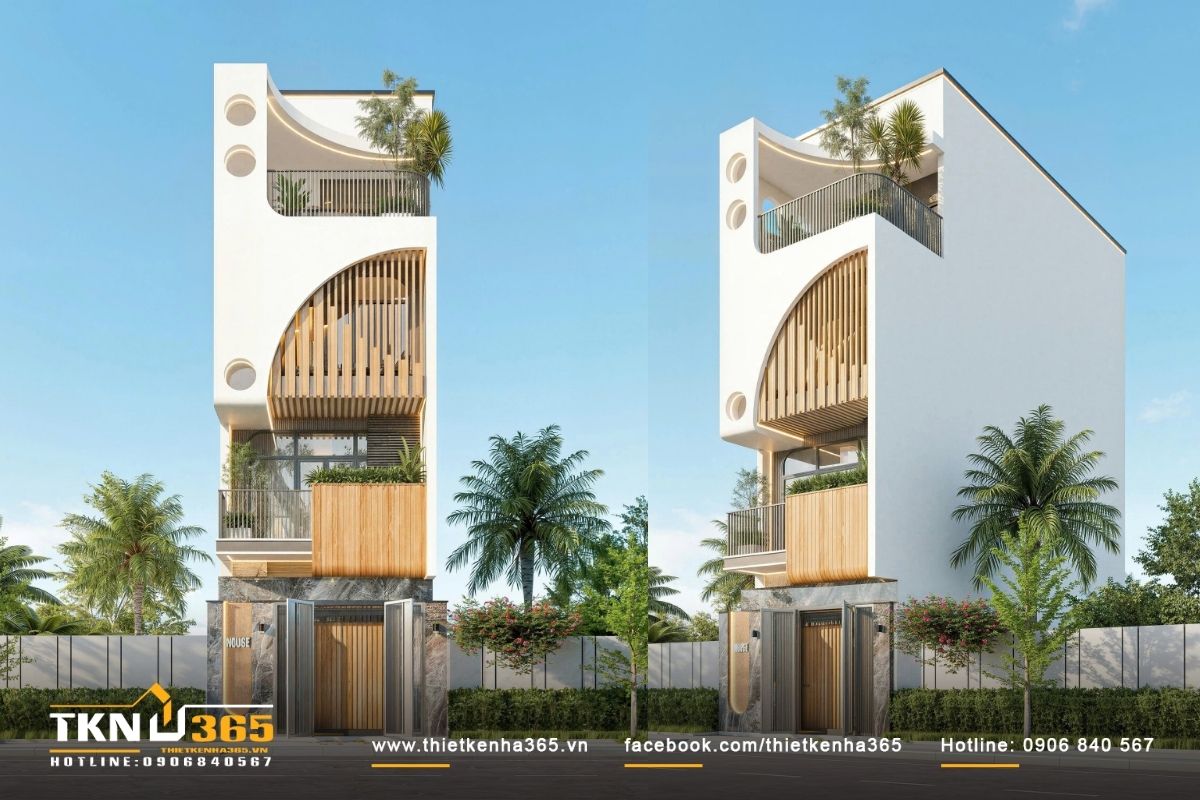 Nhà phố 4 tầng hiện đại chọn đường cong làm điểm nhấn cho mặt tiền hẹp ngang