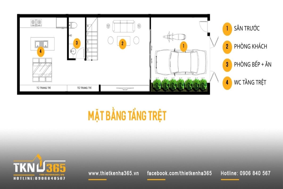 Bản vẽ nhà 1 trệt 2 lầu riêng tối ưu cầu thang, lấy sáng phù hợp nhà phố hẹp 4x15m hoặc đất méo
