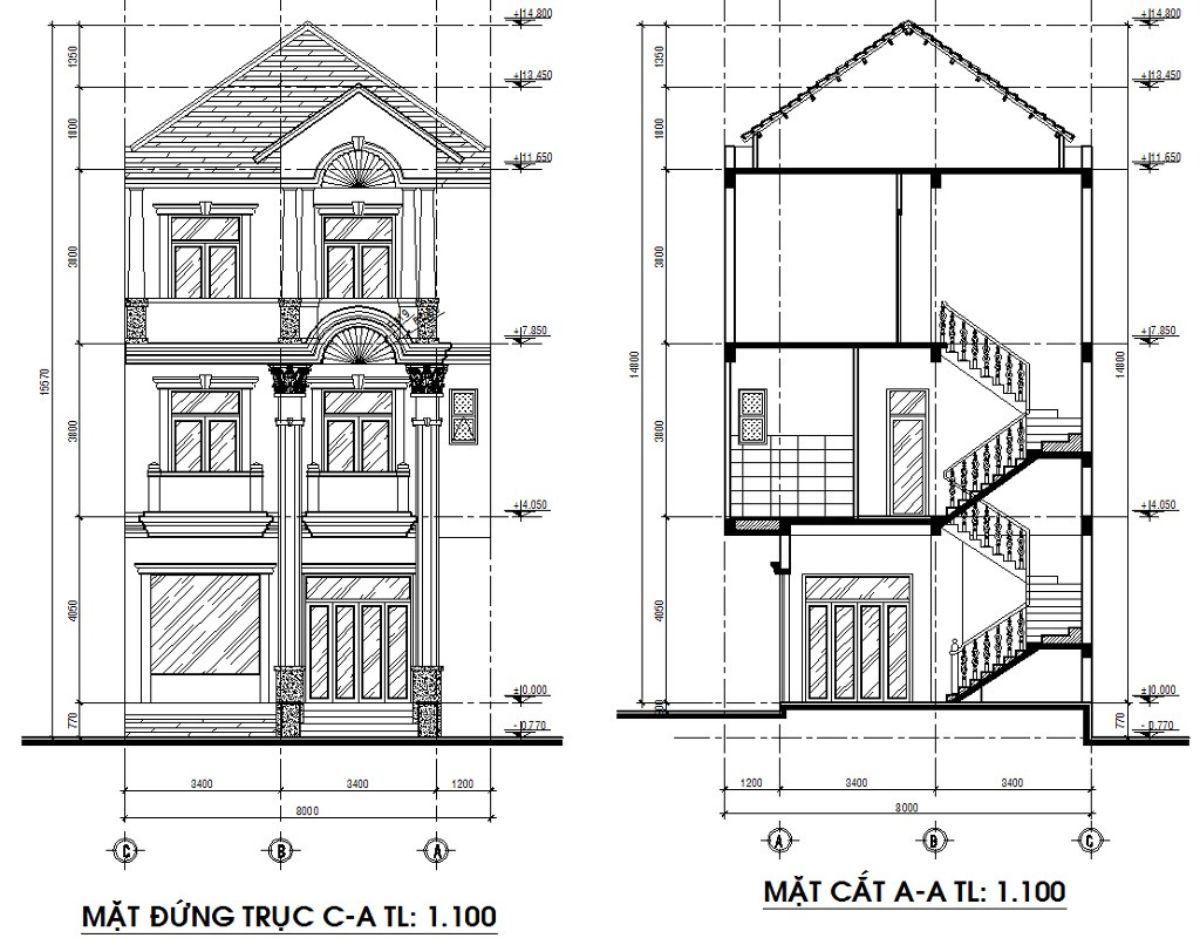Hình khối và tỷ lệ công trình được thể hiện ở bản vẽ mặt đứng và mặt cắt (Ảnh: Sưu tầm)