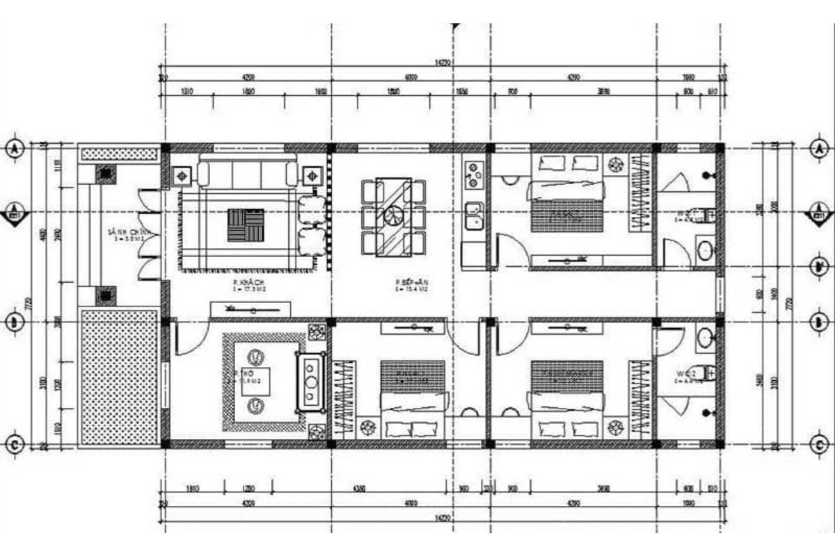 Bản vẽ mặt bằng nh&agrave; 7x15m 1 tầng với ba ph&ograve;ng ngủ (Ảnh: Sưu tầm)