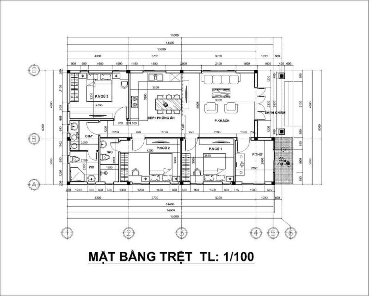Bản vẽ mặt bằng nh&agrave; 1 tầng 3 ph&ograve;ng ngủ 8x15m (Ảnh: Sưu tầm)
