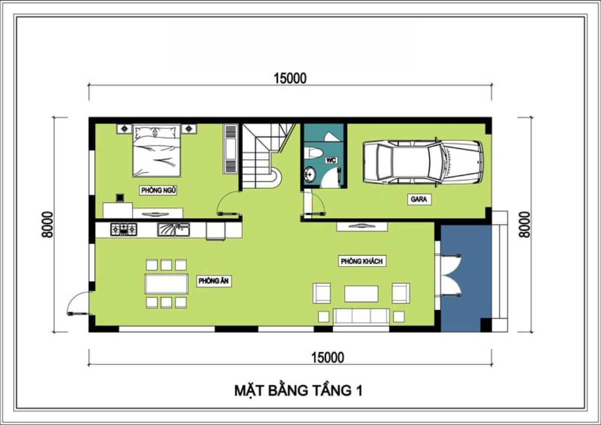 Bản vẽ mặt bằng tầng trệt nh&agrave; 8x15m 2 tầng (Ảnh: Sưu tầm)